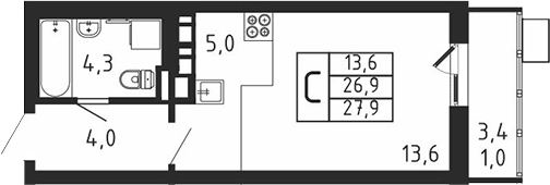 Планировка — Пироговская ривьера, Студия, 27 м²