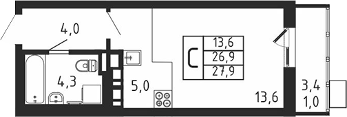Планировка — Пироговская ривьера, Студия, 27 м²