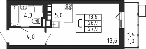 Планировка — Пироговская ривьера, Студия, 27 м²