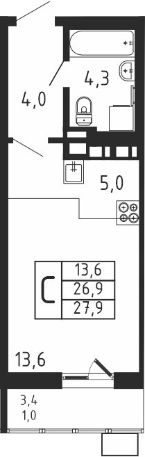 Планировка — Пироговская ривьера, Студия, 27 м²