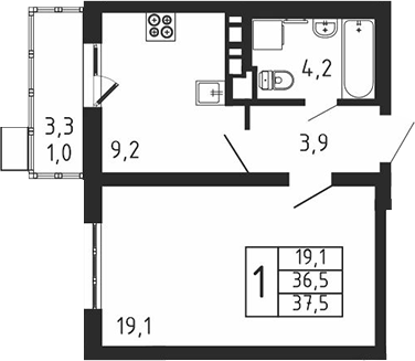 Планировка — Пироговская ривьера, 1-комн., 36 м²
