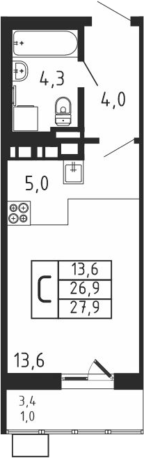 Планировка — Пироговская ривьера, Студия, 27 м²