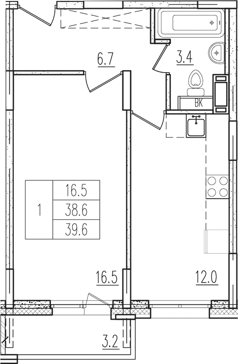 Планировка — Пироговская ривьера, 1-комн., 39 м²