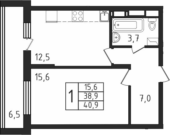 Планировка — Пироговская ривьера, 1-комн., 39 м²