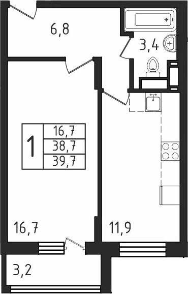 Планировка — Пироговская ривьера, 1-комн., 38 м²