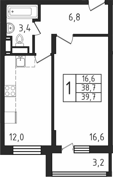 Планировка — Пироговская ривьера, 1-комн., 39 м²