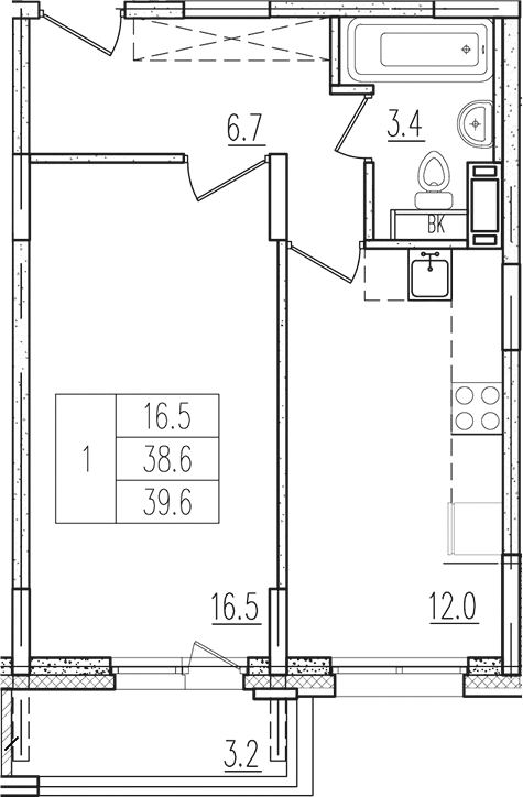 Планировка — Пироговская ривьера, 1-комн., 39 м²