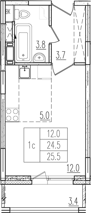 Планировка — Пироговская ривьера, Студия, 24 м²