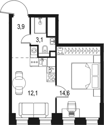 Планировка — Левел Селигерская, 1-комн., 34 м²