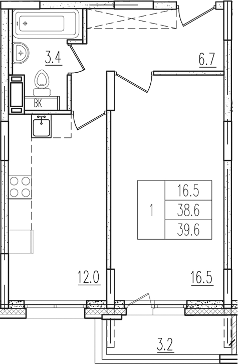 Планировка — Пироговская ривьера, 1-комн., 39 м²