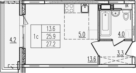 Планировка — Пироговская ривьера, Студия, 26 м²