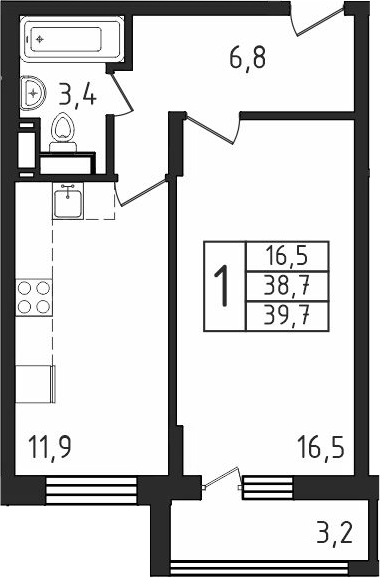 Планировка — Пироговская ривьера, 1-комн., 39 м²