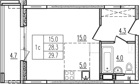 Планировка — Пироговская ривьера, Студия, 28 м²