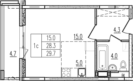 Планировка — Пироговская ривьера, Студия, 28 м²