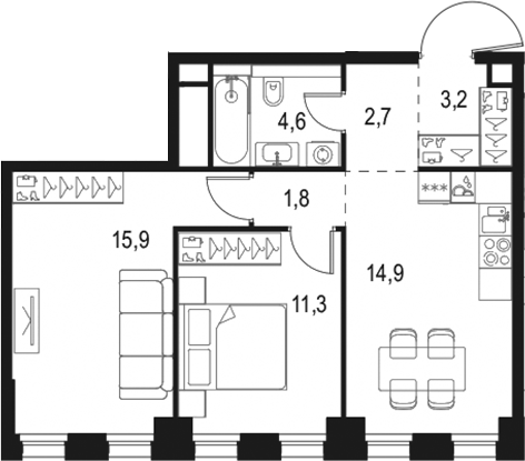 Планировка — Левел Селигерская, 2-комн., 54 м²