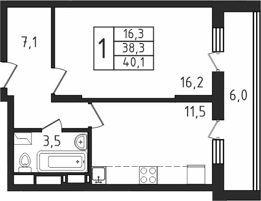 Планировка — Пироговская ривьера, 1-комн., 37 м²