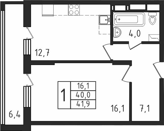 Планировка — Пироговская ривьера, 1-комн., 40 м²