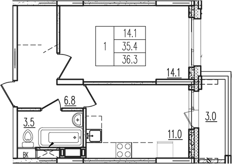 Планировка — Пироговская ривьера, 1-комн., 35 м²