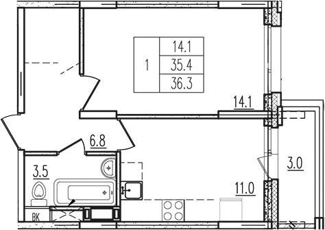 Планировка — Пироговская ривьера, 1-комн., 36 м²