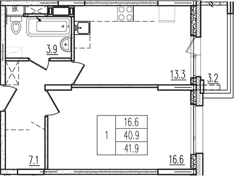 Планировка — Пироговская ривьера, 1-комн., 41 м²