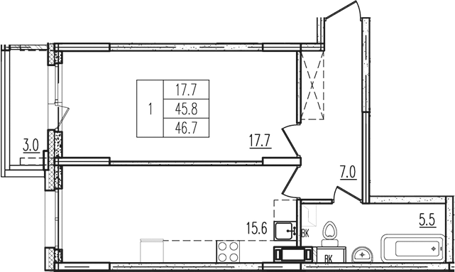 Планировка — Пироговская ривьера, 1-комн., 46 м²