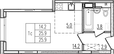 Планировка — Пироговская ривьера, Студия, 26 м²