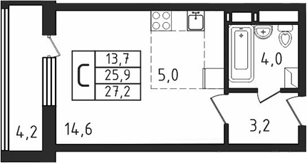 Планировка — Пироговская ривьера, Студия, 27 м²