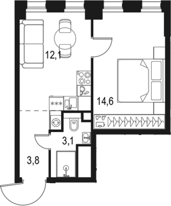 Планировка — Левел Селигерская, 1-комн., 34 м²