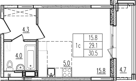Планировка — Пироговская ривьера, Студия, 29 м²