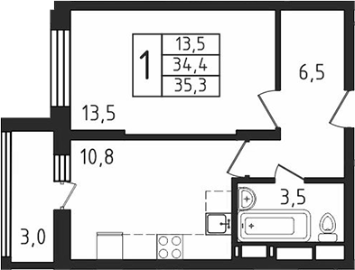 Планировка — Пироговская ривьера, 1-комн., 34 м²