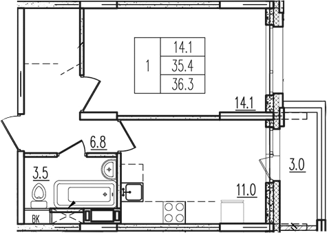 Планировка — Пироговская ривьера, 1-комн., 35 м²