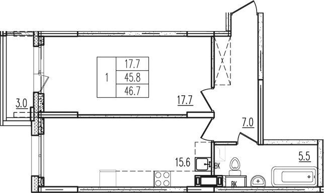 Планировка — Пироговская ривьера, 1-комн., 46 м²