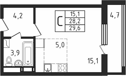 Планировка — Пироговская ривьера, Студия, 28 м²