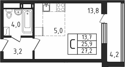 Планировка — Пироговская ривьера, Студия, 26 м²