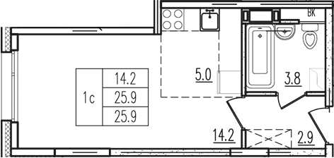 Планировка — Пироговская ривьера, Студия, 26 м²