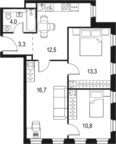 Планировка — Левел Селигерская, 3-комн., 60 м²
