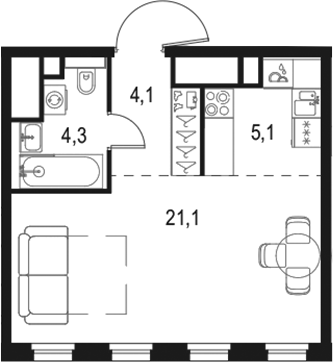 Планировка — Левел Селигерская, Студия, 34 м²