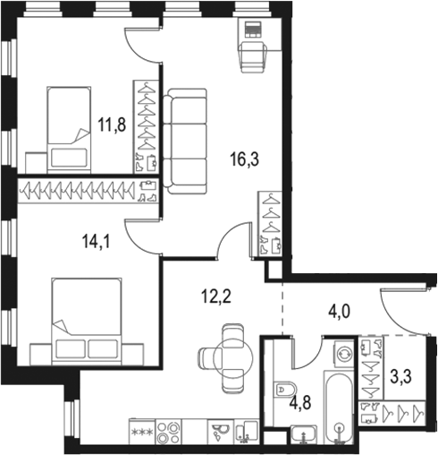 Планировка — Левел Селигерская, 3-комн., 66 м²