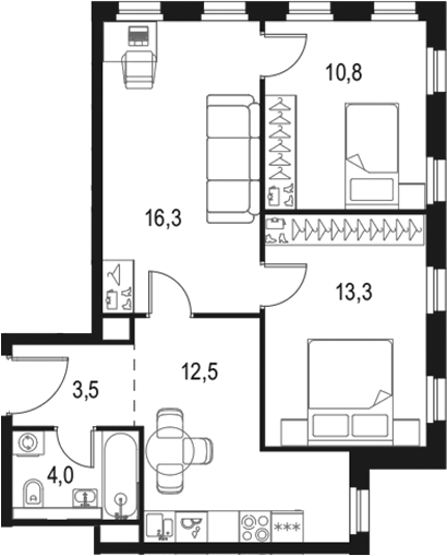 Планировка — Левел Селигерская, 3-комн., 60 м²