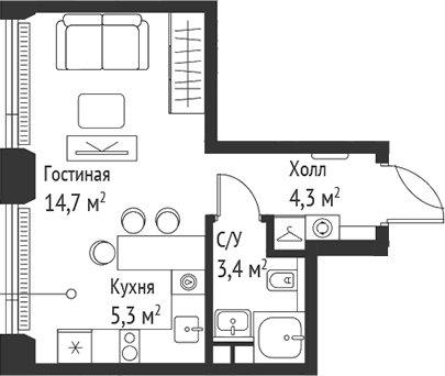 Планировка — Сет, Студия, 28 м²