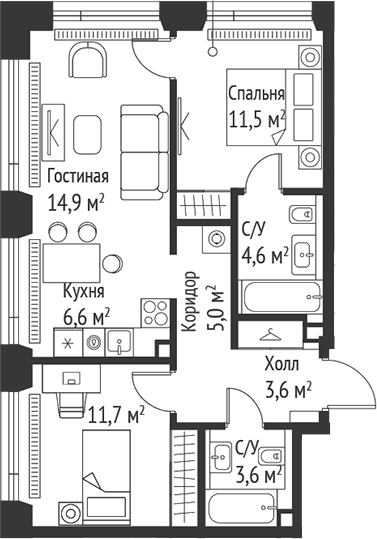 Планировка — Сет, 3-комн., 61 м²