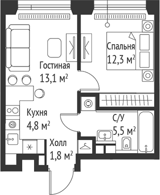 Планировка — Сет, 2-комн., 38 м²