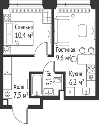 Планировка — Сет, 2-комн., 37 м²