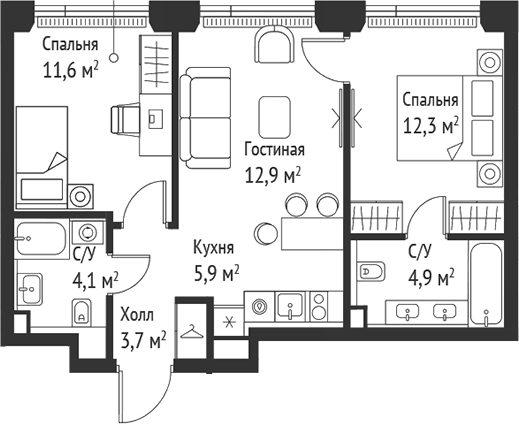 Планировка — Сет, 3-комн., 56 м²