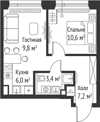 Планировка — Сет, 2-комн., 37 м²