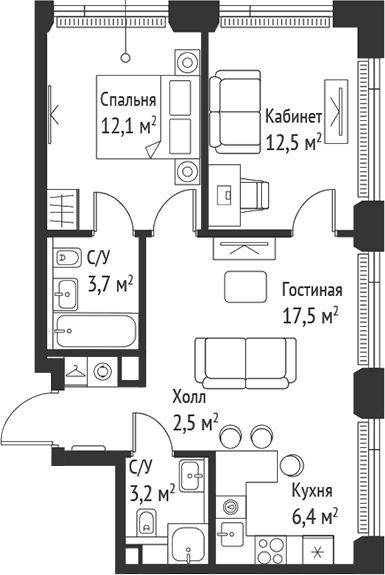 Планировка — Сет, 3-комн., 58 м²
