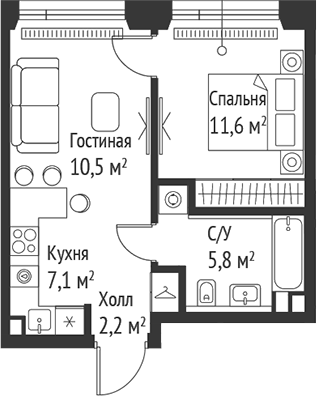 Планировка — Сет, 2-комн., 37 м²
