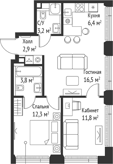 Планировка — Сет, 3-комн., 57 м²