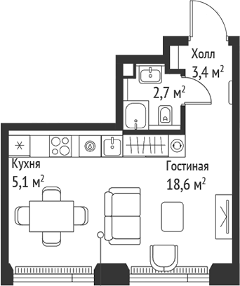 Планировка — Сет, Студия, 30 м²