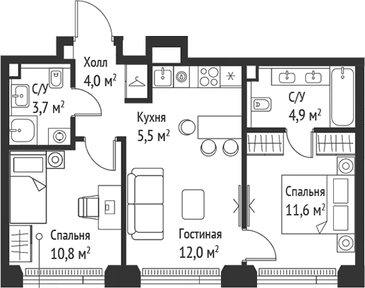Планировка — Сет, 3-комн., 52 м²